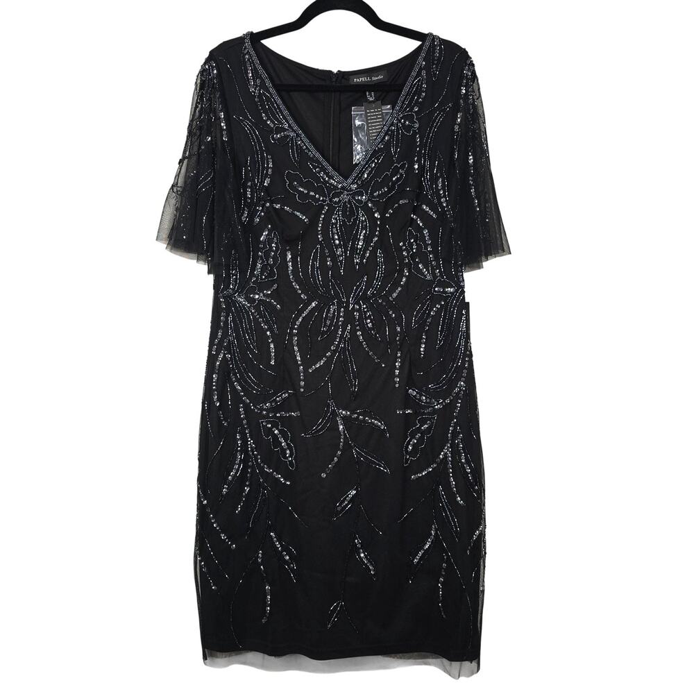 Papell Studio Dress Womens 14 Black Beaded Tulle Party 1920s Gatsby Wedding Gala